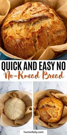 quick and easy no - knead bread recipe in a pan with text overlay