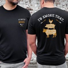 Personalize the front pocket Pit Master Name of this funny vintage "I'd Smoke That" black and dark color t-shirt gift for men, featuring custom name design and grilling utensils on front side, and retro butcher cuts cow, pig, and chicken and distressed typography on the back side - the perfect Christmas, Birthday, or Father's Day gift for the BBQ grill and meat smoker in your life! Design lovingly created by Fig and Lily Studios ♥ Bbq Tshirt Ideas, Distressed Typography, Smoked Wings, Butcher's Cut, Meat Smoker, Grilling Utensils, Bbq Smoker, Bbq Meat, Bbq Smokers