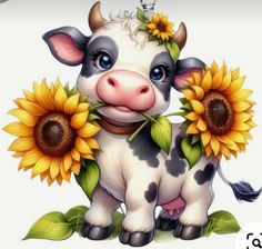 a cartoon cow with sunflowers in its mouth