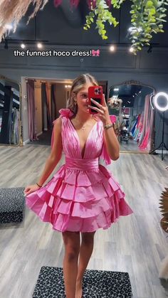 bow straps pink plunge A-line tiered ruffle short homecoming dress #homecomingdress #homecoming2024 #hocodress #winterformal2025 #graduationdress #partydress #winterformaldress #fallball #balldress #highschoolball #juniorpromdress #pageantdress #cocktaildress #minidress #partydress #sweet16dress #birthdaydress #concertoutfit V-neck Ruffled Mini Dress For Prom, Party Ruffle Dress With Ruched Ruffled Straps, Ruched Ruffle Dress With Ruffled Straps For Party, Fitted Bodice V-neck Mini Dress With Ruffles, Party Dress With Pleated Bodice And Ruffled Straps, Evening Mini Dress With Ruched Ruffled Straps, Ruched Mini Dress With Ruffled Straps For Evening, Pink Ruched Ruffle Dress For Party, Pink V-neck Mini Dress With Ruffled Skirt