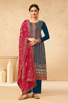 Blue & Raspberry Red Pink Designer Embroidered Pant Suit-Saira's Boutique Patiala Salwar Kameez, Resham Embroidery, Pakistani Suit, Salwar Kameez Online, Pakistani Salwar Kameez, Embroidered Pants, Raspberry Red, Blue Trousers, Zari Work