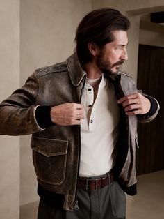 A classic reimagined, this bomber-style jacket was originally developed for Mustang and Thunderbolt pilots of the 1940s.  Revived for the modern era, this jacket returns crafted in unimaginably soft suede, with the same details that make the original Flight Jacket Outfit, Trucker Jacket Outfit, Vintage Jacket Men, Leather Jacket Outfit Men, Manly Man, For Mustang, Leather Flight Jacket, Guys Fits, Gentleman Aesthetic