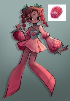 a drawing of a girl with red hair wearing a pink dress and holding her hands out