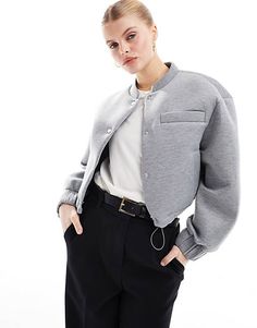 Gray Ribbed Cuffs Outerwear For Work, Gray Outerwear With Ribbed Cuffs For Work, Gray Workwear Outerwear With Ribbed Cuffs, Studded Jacket Outfit, Scuba Jacket, Studded Jacket, Jacket Outfit, Maxi Dress Trend, Cargo Trousers