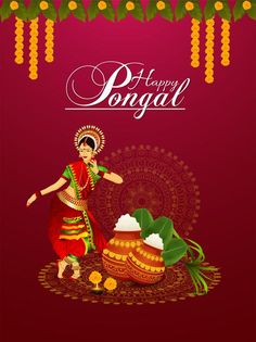 happy pongal with woman dancing and potli on the occasion of pongal