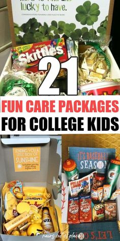 the 21 fun care packages for college kids are packed in boxes and ready to be eaten