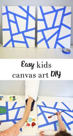 kids are painting canvass with blue strips on the paper and then using scissors to cut them