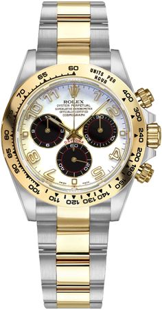 116503 Rolex Cosmograph Daytona Men's Luxury Watch Store Display Model (What's This?) - With Manufacturer Serial Numbers - Swiss Made - Ivory Dial - Arabic Numeral Hour Markers - Polished Stainless Steel with Solid 18k Yellow Gold Bezel     Tachymetric Scale Engraved on Bezel - Chronograph Feature     Large Central Chronograph Second Hand     30 Minute Counter Sub-Dial at 3 O'Clock     12 Hour Counter Sub-Dial at 9 O'Clock - Small Second Sub-Dial at 6 O'Clock - 72 Hour Power Reserve - Stop-seconds Feature for Precise Time Setting - Tachymeter Scale Feature - Self-winding Automatic Movement     COSC Superlative Chronometer Certified - Rolex Caliber 4130 - Vibrations Per Hour: 28,800 - Jewels: 44 - 6 Year Warranty - Guaranteed Authentic - Certificate of Authenticity - Manufacturer Box & E-Ma Rolex Cosmograph Daytona, Cosmograph Daytona, Swiss Army Watches, Men's Watches Luxury, Handbags Luxury, Aquamarine Jewelry, Seiko Watches, Rolex Gmt, Luxury Sunglasses