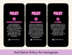 Nails business booking policy for Instagram post and story template canva business. ★ THIS IS DIGITAL PRODUCT, NO PHYSICAL ITEM WILL BE SHIPPED. ★ Sign Up for Canva acc is required, don't worry, it's a free version. This template is specially for nails business owner or other beauty business to write their policy and post it on instagram story and posts! So you can edit these templates to match your beauty salon business perfectly! Change the booking policy details based on your needs.  The Booking Policy description detail are already writen for you to save time! Just edit based on your need. ------------------------------------------------------------------------------------------------------------ ⇒ WHATS THE PROCESS?: After the payment has been done, you will receive a PDF file with a Nail Tech Policies Template, Nail Tech Policies, Booking Policy, Nails Business, Canva Business, Policy Template, Salon Business, Cancellation Policy, Social Media Templates