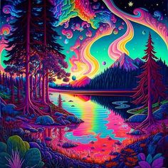 a painting of trees, water and stars in the sky with bright colors on them