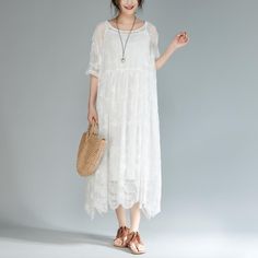 Loose women white long sleeve dress, made of cotton, round neck, 1/2 sleeves, dress+vest, comfortable for all day. Item Code: 634740473878Item Type: women dress+vestMain Material: cotton,laceSeason: spring,summer,autumnStyle: casualCollar type: round neckClothing placket: pulloverPattern: othersSleeve: 1/2 sleeve(shoulder sleeve)Clothing details: pleatedWaist: looseCombination: two piecesColor: white Dress:One Size Fit S/M(Fit for EU 36-38,US6-8,UK8-12,AU8-12,NZ8-12)Length: 112.00 cm/ 44.09 "Bust: 148.00 cm/ 58.27 "Shoulder: unlimitedShoulder Sleeve length: 38.00 cm/ 14.96 "Cuff: 30.00 cm/ 11.81 "Hem: 264.00 cm/ 103.94 " The dress comes with the white slip. Vest:One Size Fit S/M(Fit for EU 36-38,US6-8,UK8-12,AU8-12,NZ8-12)Length: 101.00 cm/ 39.76 "Bust: 94.00 cm/ 37.01 "Shoulder: unlimited Solid Color Crew Neck Summer Dresses, Summer Solid Color Crew Neck Dress, Summer Dresses With Crew Neck In Solid Color, Summer Crew Neck Dress With Solid Color, Bohemian Crew Neck Summer Dress, Crew Neck Cotton Midi Dress For Summer, Cotton Crew Neck Midi Dress For Summer, Summer Cotton Midi Dress With Crew Neck, Casual Half Sleeve Midi Dress For Daywear