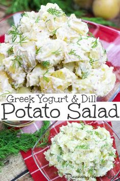 greek yogurt and dill potato salad on a red plate with text overlay