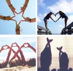 four pictures with people making heart shapes in the middle and one has their hands together