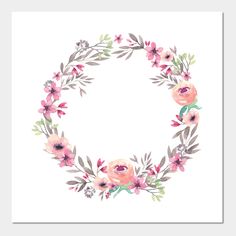 a watercolor floral wreath with pink flowers and green leaves on a white paper background