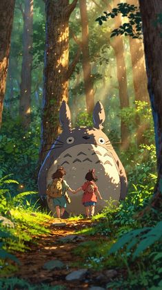 two people standing in the woods holding hands with a totoro on one side