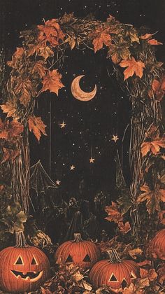 an image of halloween pumpkins with moon and stars in the night sky above them