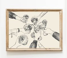 a framed drawing of hands holding wine glasses in front of a wall hanging on the wall