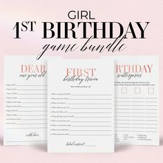 "Is your daughter turning one year old and you're looking for some fun first birthday games and activities? Look no further! This Girls First Birthday Party Games Bundle is the perfect addition to a 1st birthday party for a girl. The modern blush design will fit any girls' first birthday party theme.  This Girls First Birthday Party Games Bundle includes the following games and activities: * Birthday Scattergories * First Birthday Trivia (How Well Do You Know The Birthday Girl) * Wishes For The One Year Old This first birthday games bundle is an instant download. Within minutes of your order and payment, an e-mail will be sent to the address you have associated with your Etsy account with a link for your download.   You can also access the files from your recent purchases on Etsy. Print th Birthday Scattergories, First Birthday Party Games, Birthday Trivia, 1st Birthday Party Ideas, Blush Design, One Year Old Birthday, First Birthday Games, First Birthday Party Themes, Turning One