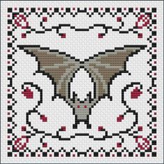 a cross stitch pattern with a bat on it's back and red flowers around the edges