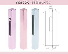 three different types of pink and white paper boxes with the text pen box 3 templates