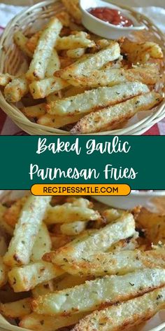 baked garlic and parmesan fries in baskets with ketchup on the side