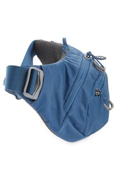 a blue fanny bag with a metal buckle