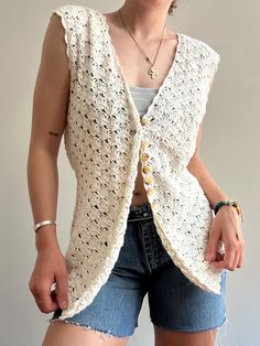 Vintage Women's Cream Knit Vest  Tag reads size Medium 55% Ramie, 45% Cotton  Vintage items may contain minor flaws. Major flaws will be listed if present. Lighting and color of product may vary due to photo.  All vintage item are FINAL SALE and do not offer opportunity for a refund.  Thank you for shopping KicoVintage! Fall Cotton Open Knit Sweater Vest, Fall Open Knit Cotton Sweater Vest, Cotton Open Knit Sweater Vest For Fall, Spring Knitting Pattern One Size, One Size Spring Knitting Pattern, Beige Crochet Cotton Sweater, Casual Crochet Sweater Vest For Fall, Beige Crochet Cotton Cardigan, Casual White Knitting Pattern For Spring