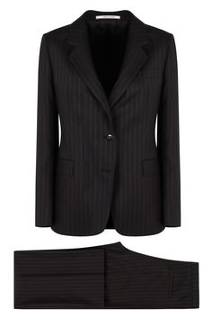 Looking for a suit with trousers that's both stylish and comfortable? This two-piece set is crafted from 100% virgin wool, making it perfect for any occasion. Effortlessly chic with a pin-striped motif, it feels like a classic with a modern twist. Single-breasted two-button jacket Lapel collar Two front flap pockets and chest pocket Back slit hem Trousers with two back welt pockets Made in Italy Jacket Pins, Red Valentino Shoes, Suit Black, Italian Outfits, Jacket Buttons, Lapel Collar, Coats Jackets Women, European Fashion, Welt Pocket