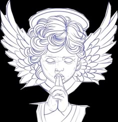 a drawing of an angel with its hands clasped to her mouth and the other hand resting on his chin