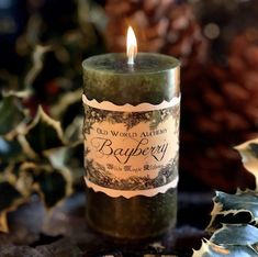 a lit candle sitting on top of a table next to holly leaves and pine cones