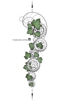 a drawing of green leaves and gears on a white background with an arrow pointing to the left