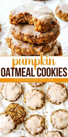 pumpkin oatmeal cookies are stacked on top of each other with the words, pumpkin oatmeal cookies