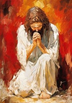 a painting of jesus sitting on the ground with his hands clasped in front of him