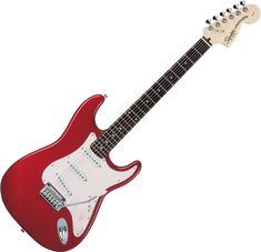 an electric guitar with a red body and white fretset, on a white background