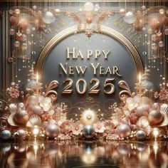 a happy new year greeting card with ornaments and lights on it's edges in gold, silver and pink