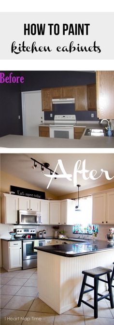 the before and after pictures of a kitchen remodel with white cabinets, black countertops, and an island