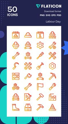 the 50 flat icon set includes different types of tools