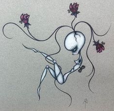 a drawing of a woman with flowers in her hair