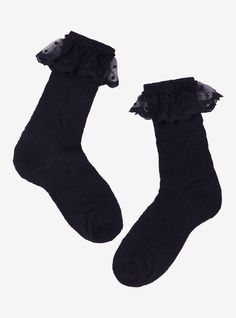 Look cute from head to toe with these black crew socks! Featuring rose designs allover and lace ruffle detailing up top. Black Lace Socks, Sleep Socks, Black Crew Socks, Mha Dr, Dr Wardrobe, Ruffled Socks, Tall Hoodies, Lace Socks, Plus Size Fits