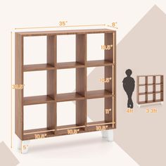 a wooden bookcase with measurements for the top and bottom