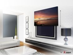 a large flat screen tv mounted to the side of a wall in a living room