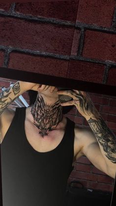 kusakabe Anime Throat Tattoo, Dark Neck Tattoo Men, Gothic Neck Tattoo, Neck And Throat Tattoos Men, Flower Neck Tattoo, Front Neck Tattoo, Full Neck Tattoos, Oni Tattoo