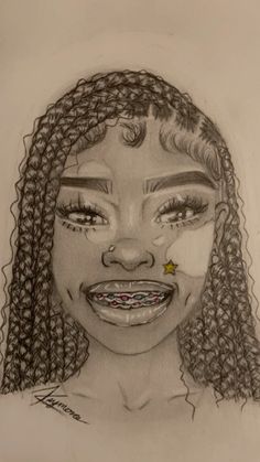 a drawing of a woman with braids on her head and eyes, smiling at the camera