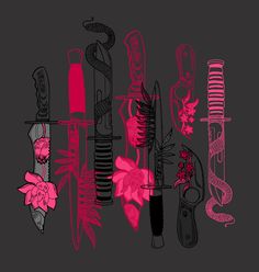 an assortment of different types of scissors and hairbrushes on a black background with pink flowers