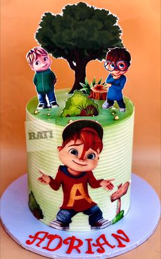 a birthday cake with cartoon characters on it