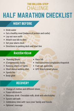 the marathon checklist for half marathons is shown in green and blue, along with instructions on how to use it