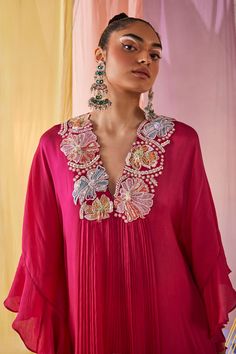 Buy Pink Chinnon Chiffon Petunia Bloom Kaftan Tunic With Sharara Pant For Women by Anu Pellakuru Online at Aza Fashions. Chiffon Sharara, Fancy Dress Patterns, Chiffon Embroidery, Desi Attire, Co Ords Outfits, Sharara Pants, Kaftan Tunic, Suit Ideas, Pant For Women