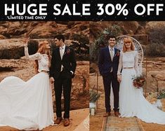 a couple standing next to each other in front of a desert backdrop with the words huge sale 30 % off