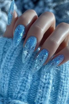 Blue Barbie Nails, Iced Blue Nails, Blue Ombre Winter Nails, Disney Almond Nails Designs, Snow Blue Nails, Winter Ice Nails, Icy Blue Christmas Nails, Nails For Winter 2024, Winter Elegant Nails