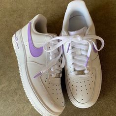 These custom hand painted Nike Air Force 1 sneakers feature a Purple color theme that helps you feel special! ★ Painted with acrylic leather paint and topped with a finished to ensure quality, durability, and long wear (waterproof, scratch proof, and dull-proof). ★ Sizes are in US. ★ These shoes are hand painted. ★ In the case that these shoes need to be washed, wetting a cloth and hand washing them is recommended, however they can be put in the wash set on delicate. Feel free to contact us for any questions you may have :) Check out our other products: https://www.etsy.com/shop/slatscustomsco Nike Air Force 1 Purple Suede, Hand Painted Air Force 1 Purple, Nike Air Force 1s Purple, Purple Nike Air Force 1, Nike Air Force 1 Purple And White, Rave Shoes, White Nike Air Force, Custom Nike Air Force, Painted Nikes